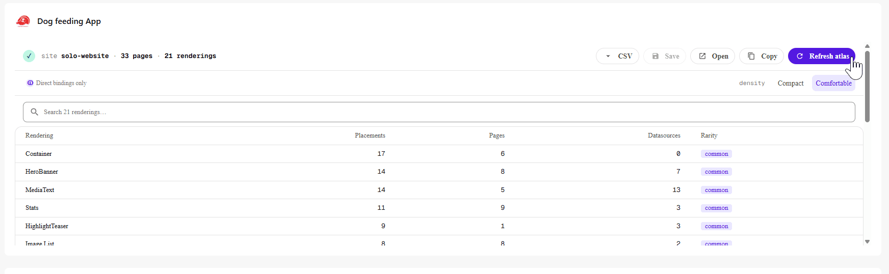 Dashboard Widget — search-first table of renderings in the host site